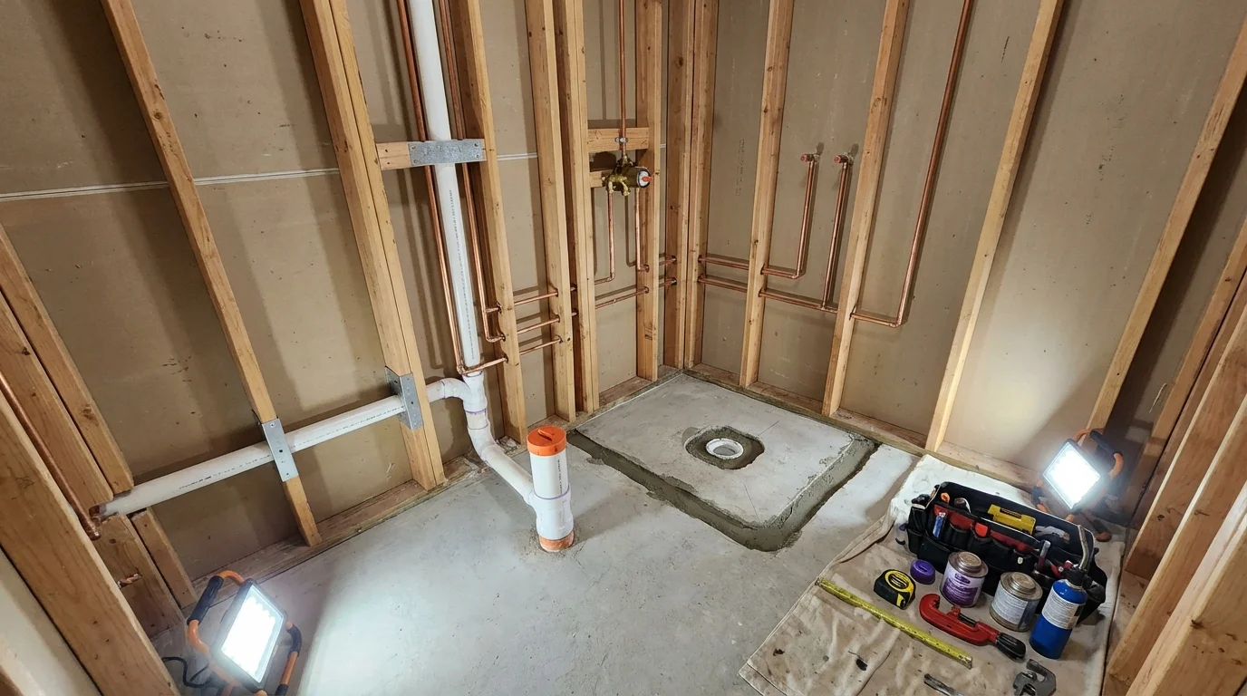 Bathroom rough-in plumbing during remodel by Johns Plumbing LLC in Portage
