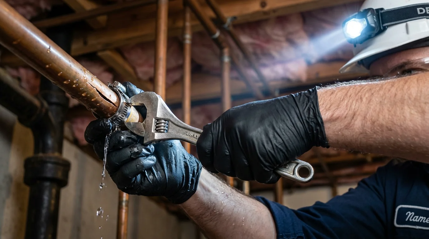 Emergency pipe clamp repair being performed by a Johns Plumbing LLC plumber in Portage