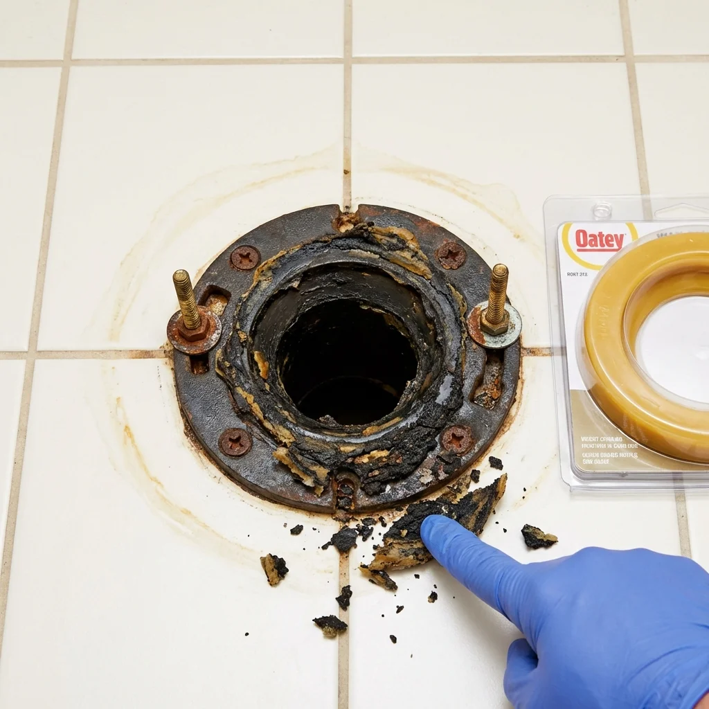 Failed wax ring showing water seepage at the base of a toilet in a Portage, PA home