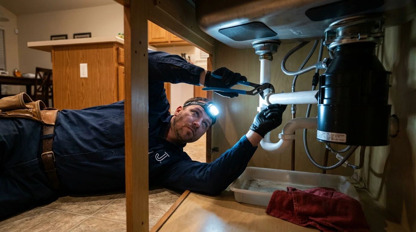 P-trap and supply line connections under a kitchen sink showing a common leak point in Portage, PA